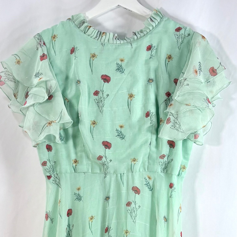 Handmade Vintage Midi Dress Mint Green Floral Poppy‎ Ruffle Flutter Sleeve